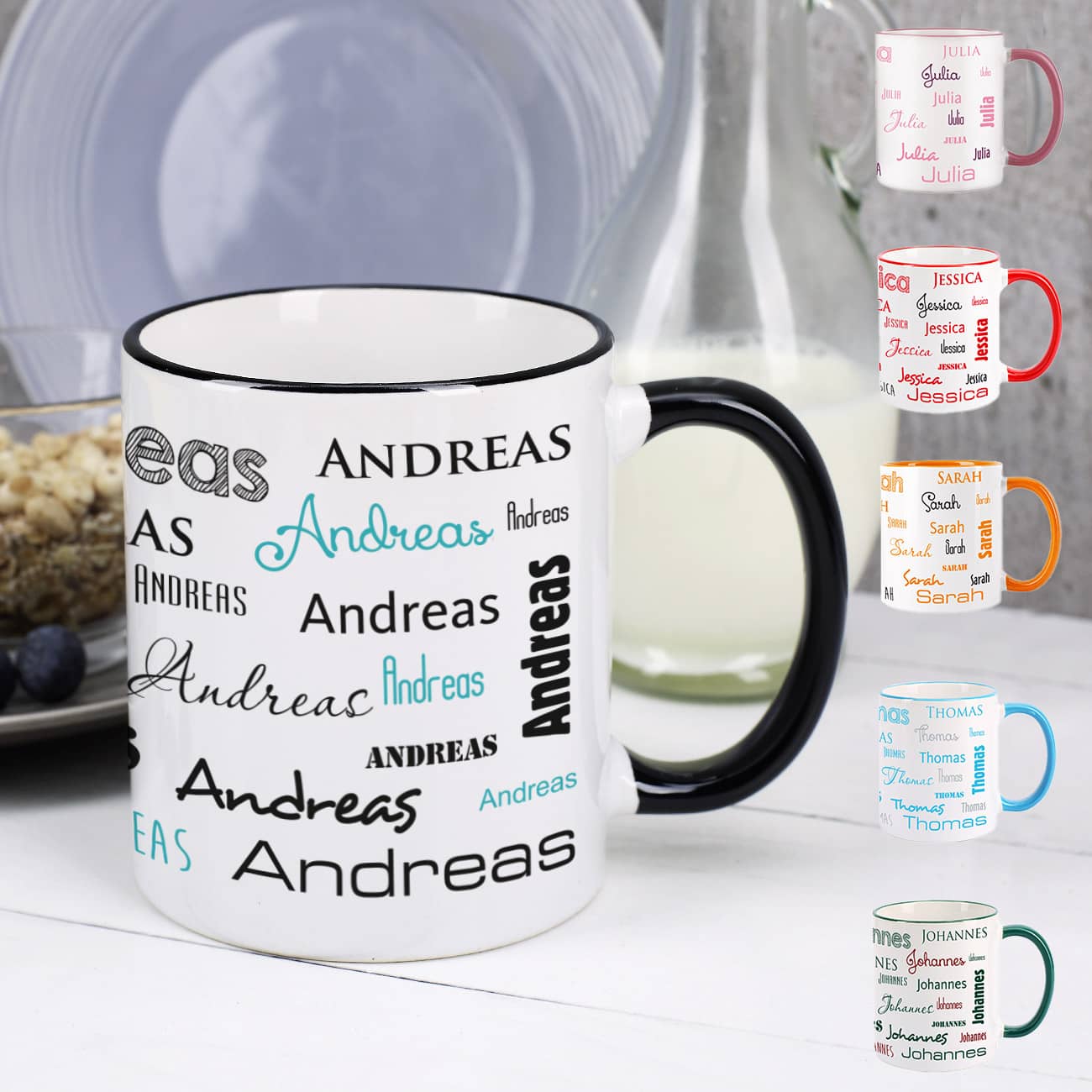 personalsierte Tasse mit Namen in verschiedenen Schriftarten und Farben ideal zum Geburtstag, Muttertag, Vatertag oder Weihnachten –