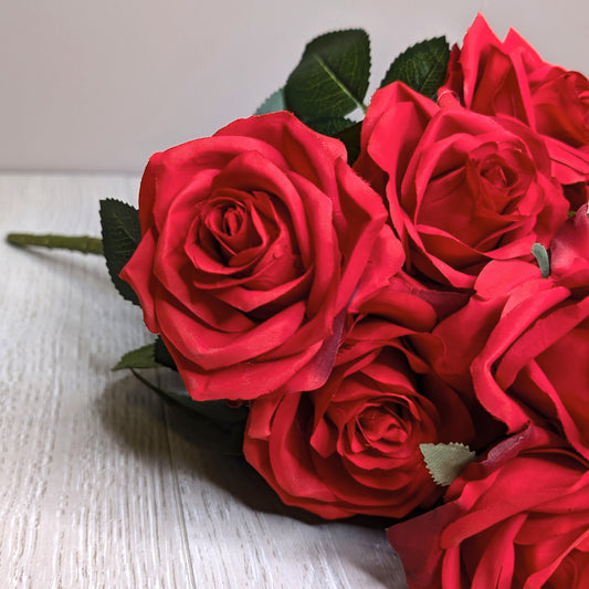 Detailaufnahme einer roten Seidenblüte mit Blattstruktur