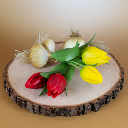 Beide Varianten (rot & gelb) liegend auf einer Holzscheibe