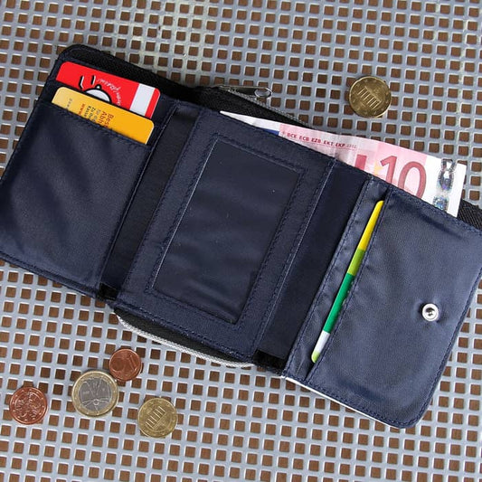 Jeans-Geldbörse für Kinder mit Name und Rennwagen