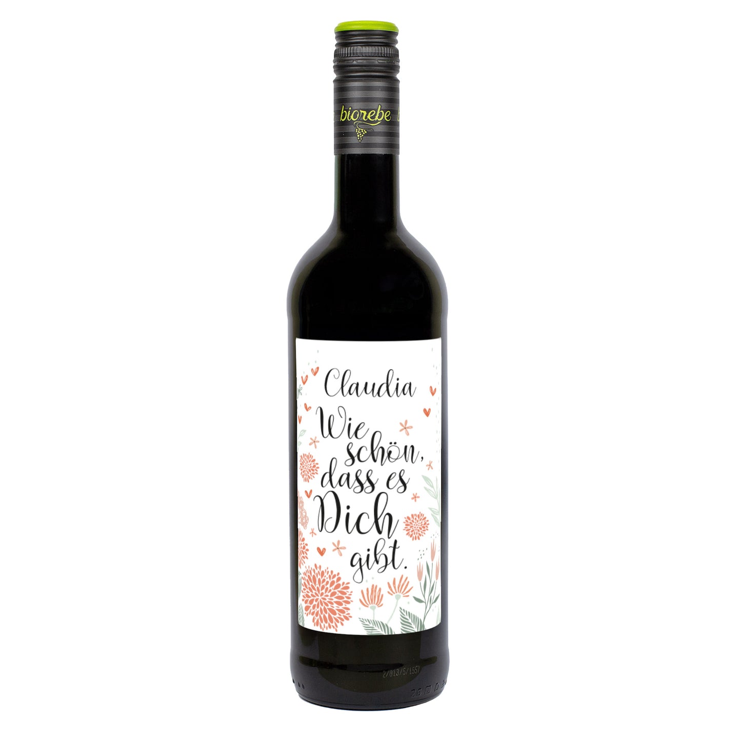 Weinflasche Rotwein mit Floraldekor und Aufschrift „Wie schön, dass es Dich gibt“ – personalisiert mit Name