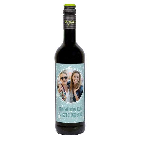 Personalisierte Rotweinflasche mit Schneeflocken-Etikett und eigenem Foto