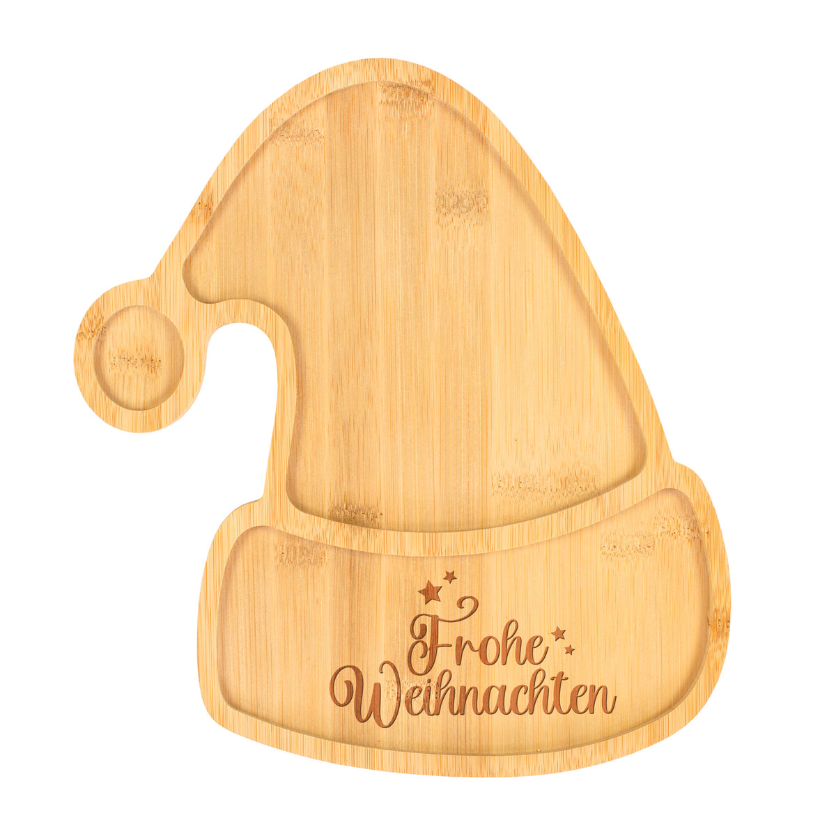 Plätzchenteller & Servierbrett aus Bambus mit Gravur 'Frohe Weihnachten' | Form Weihnachtsmütze