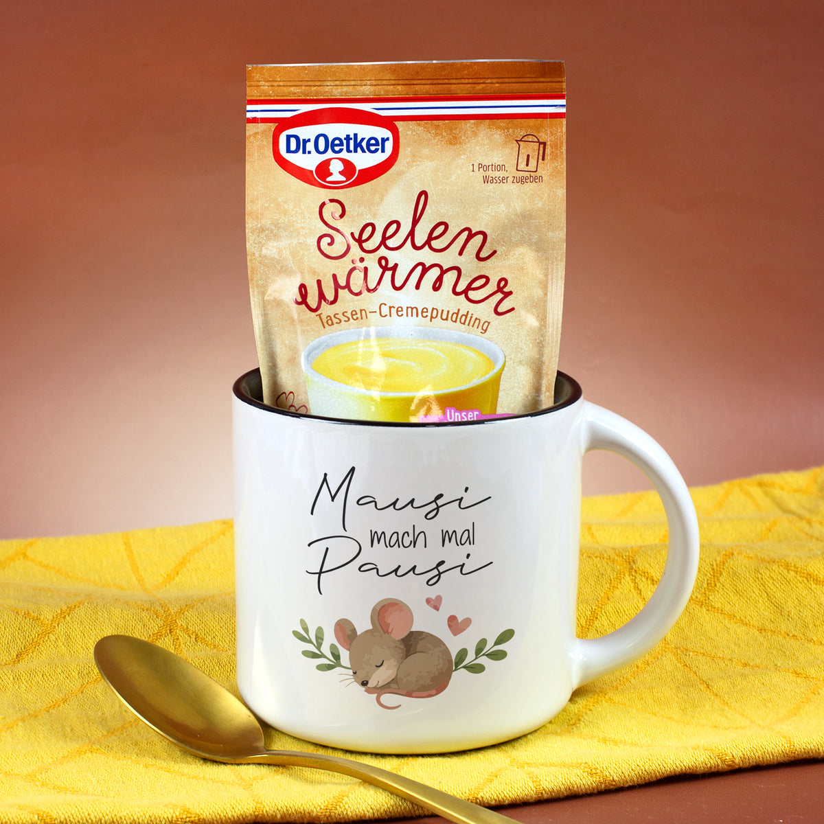 Mausi mach mal Pausi Tasse mit Dr. Oetker Seelenwärmer Vanille Geschmack