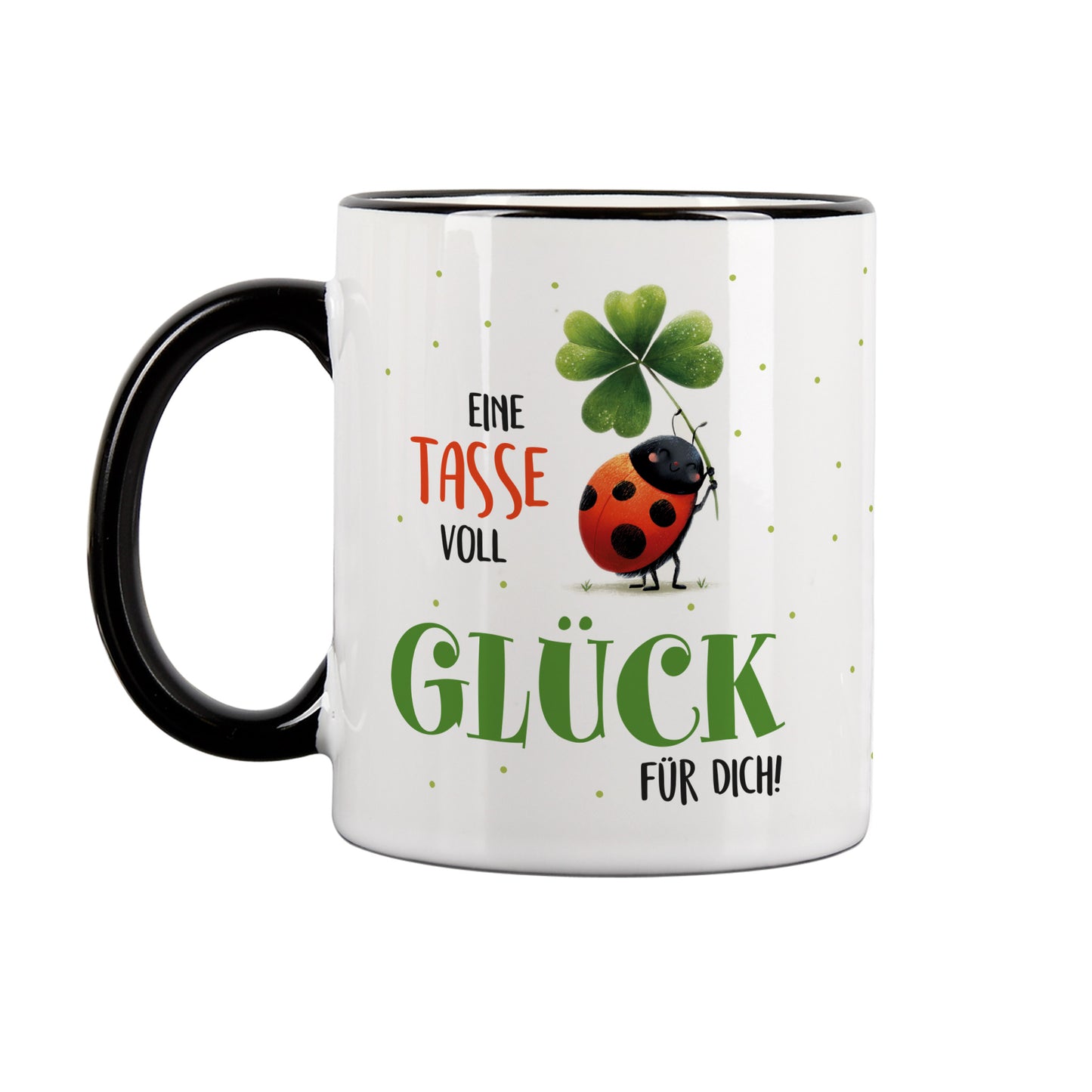 Keramiktasse Glücksbringer mit schwarzem Rand freigestellt