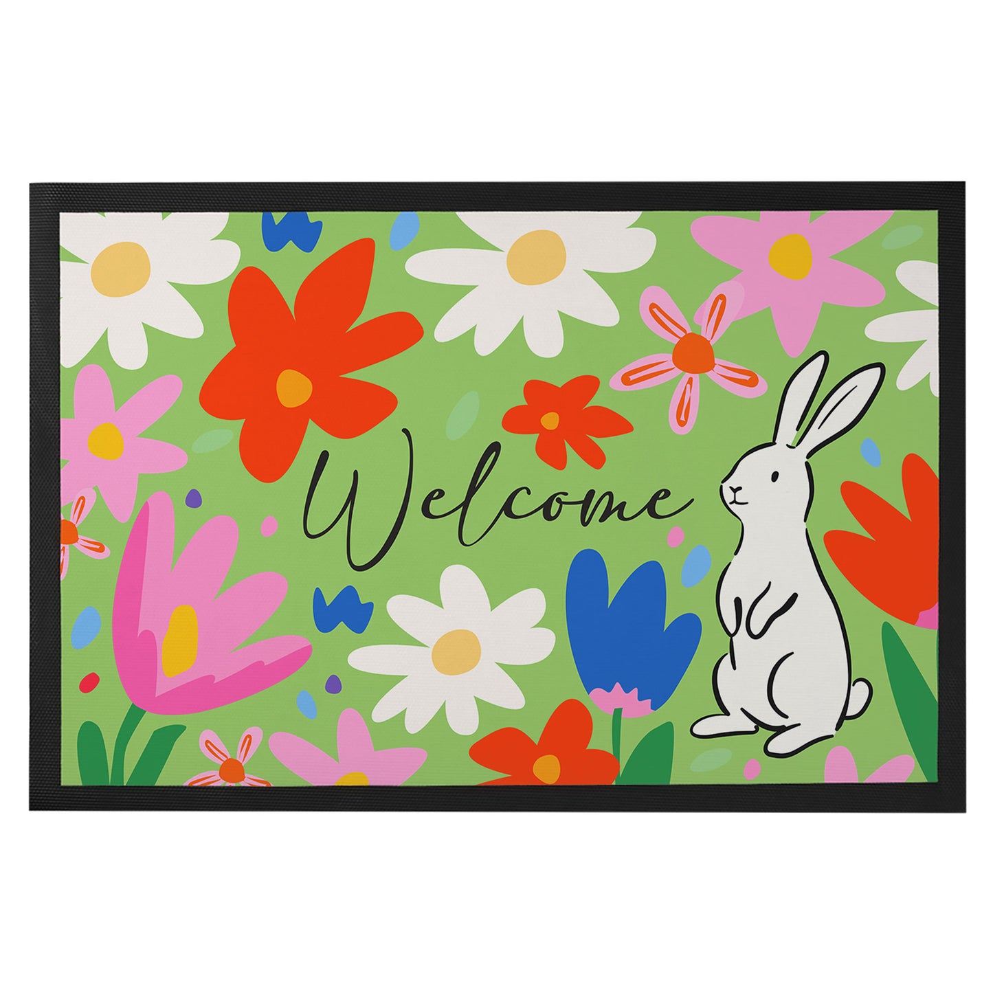 Bunte Frühlings Fußmatte mit Blumen, Hase und Welcome Schriftzug als Osterdekoration für den Eingangsbereich
