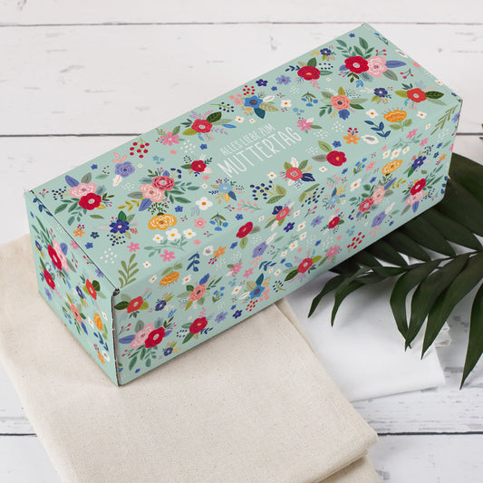 Florale Geschenkverpackung in länglicher Form – ideal für Flaschen oder Gläser – Muttertagsmotiv mit Aufschrift auf dem Deckel