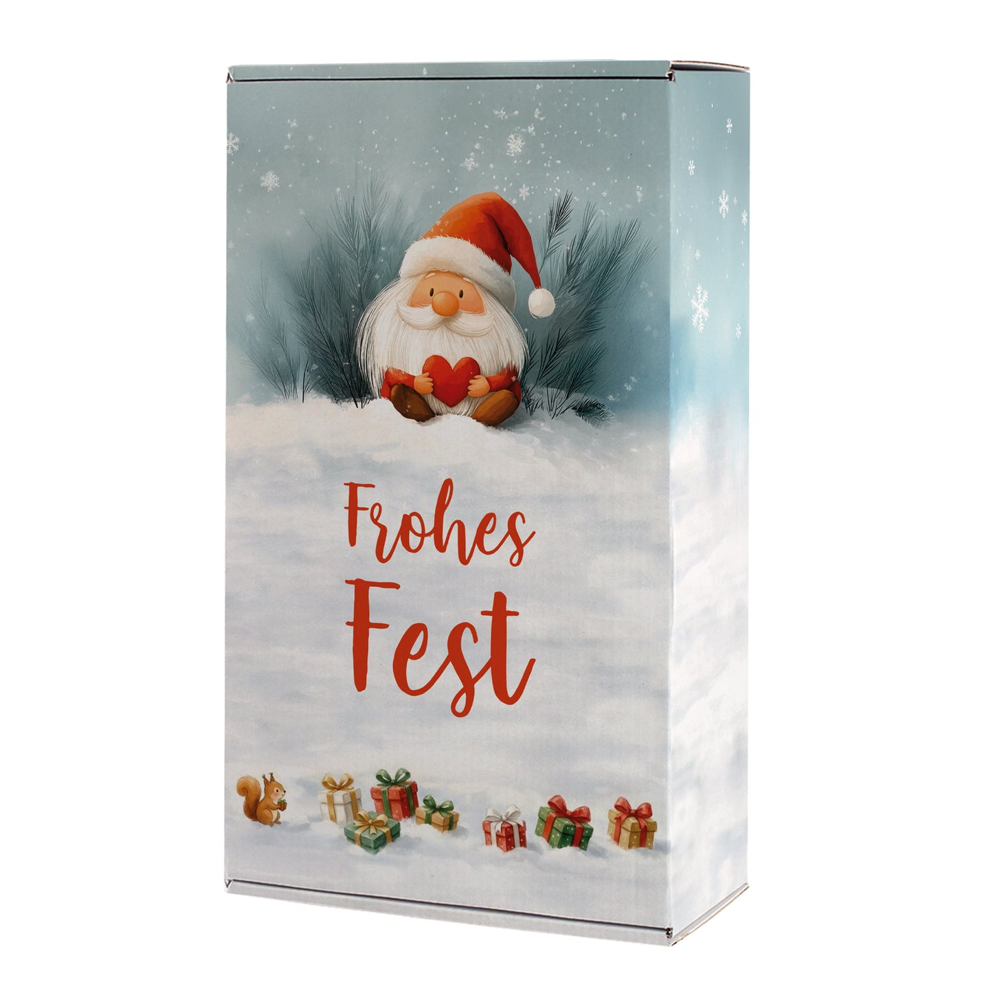 Freigestellte Geschenkbox mit winterlichem Wichtelmotiv und Geschenkpaketen im Schnee
