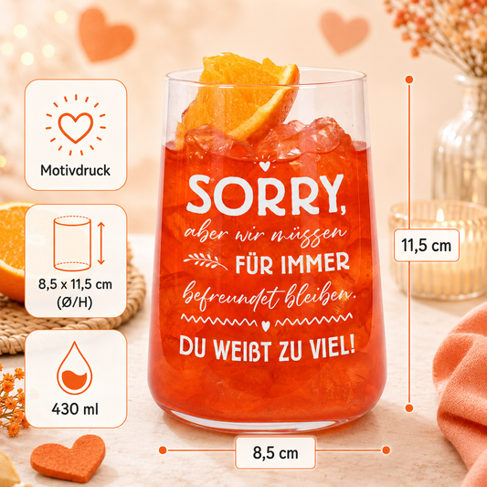 Produktinfografik zum Trinkglas mit Motivdruck, 430 ml Fassungsvolumen und Maßen 8,5 x 11,5 cm