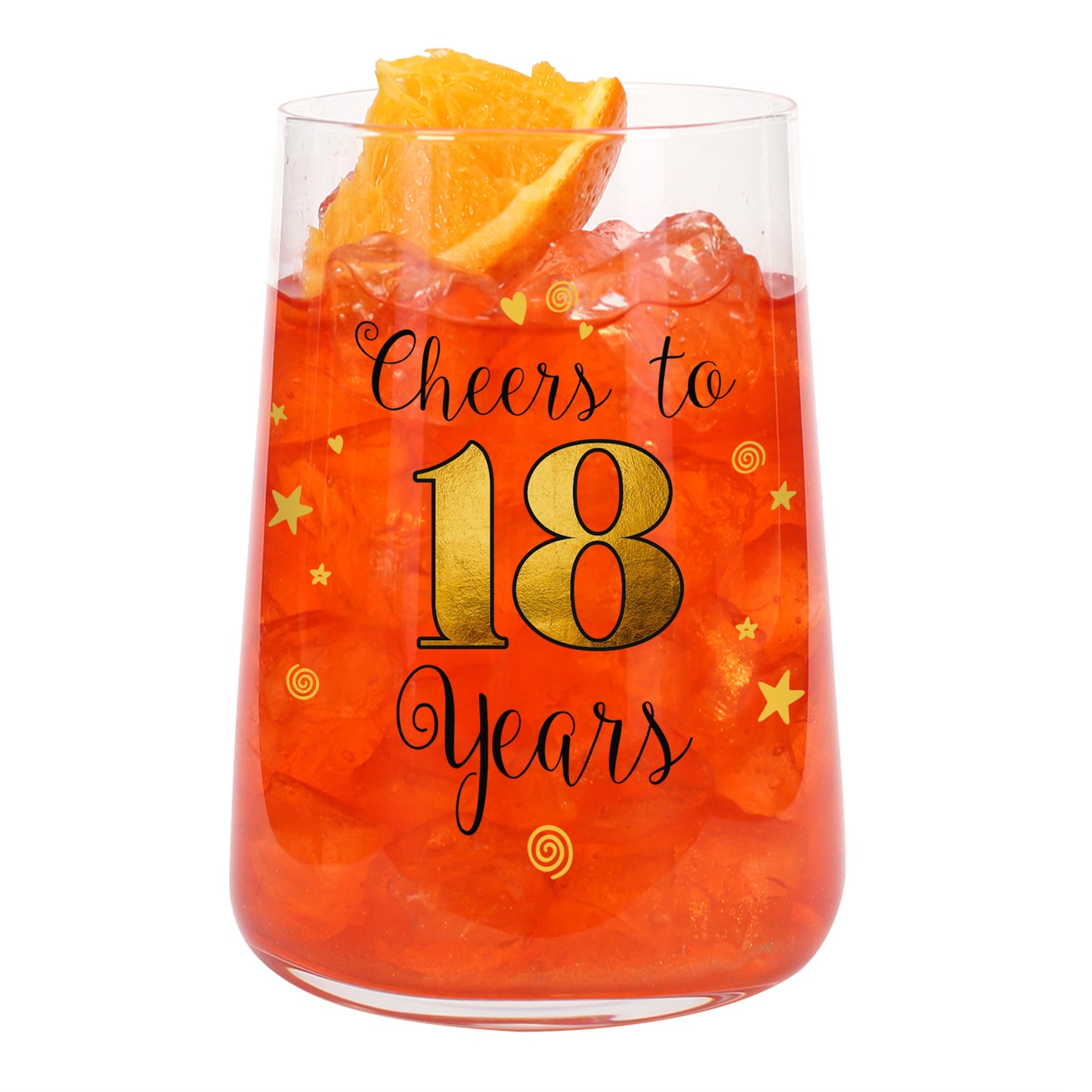 Cocktailglas mit Cheers to 18 Years Aufdruck, orangefarbenem Getränk und Orangenscheibe