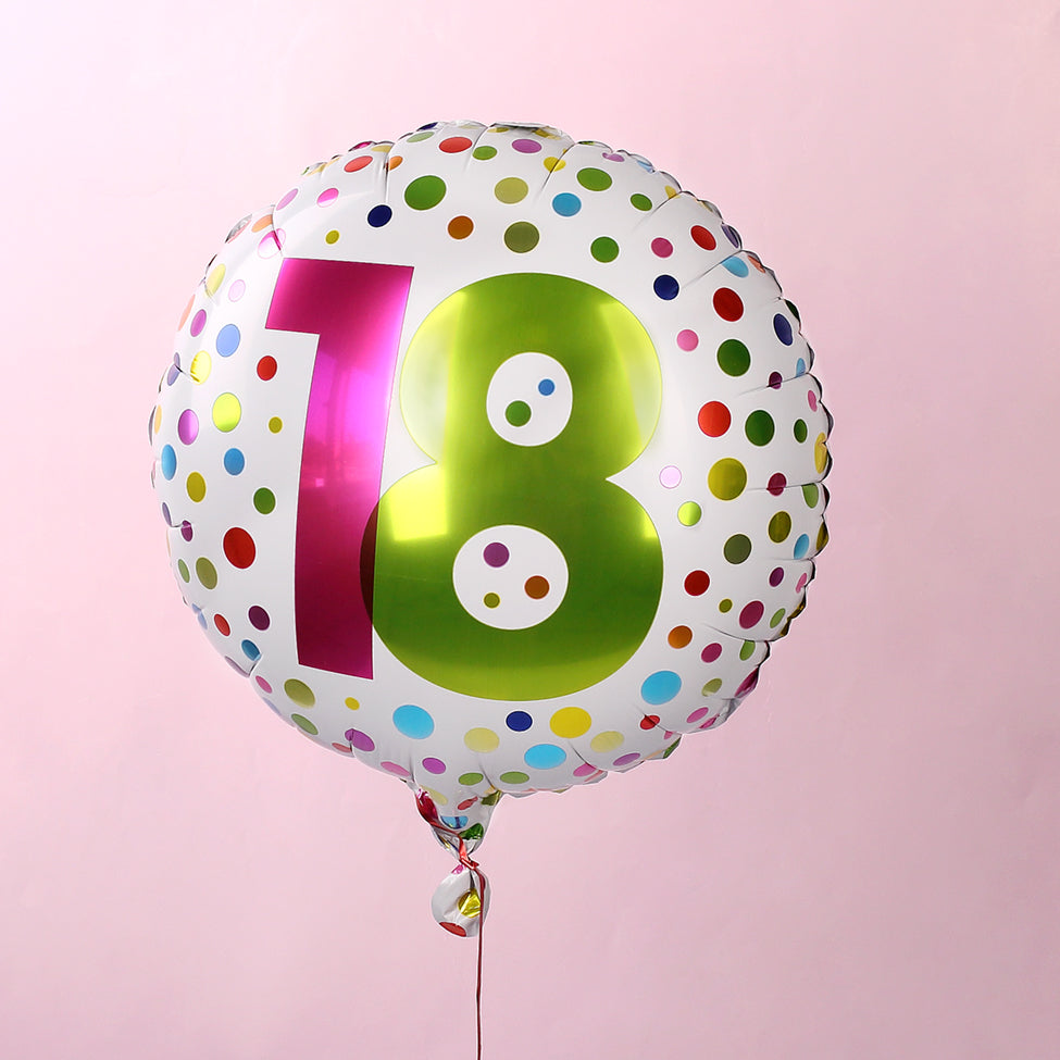 Folienluftballon zum 18. Geburtstag in weiß mit bunten Punkten