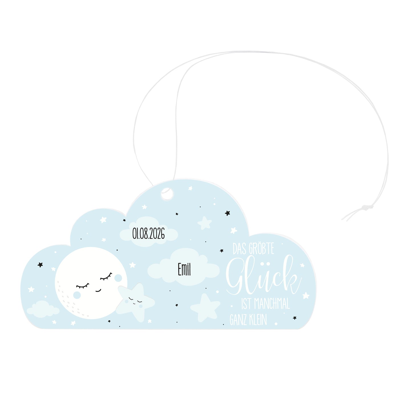 Freigestellter Acryl Wolken Anhänger zur Geburt eines Jungen mit Name Emil, Datum und Aufhängung