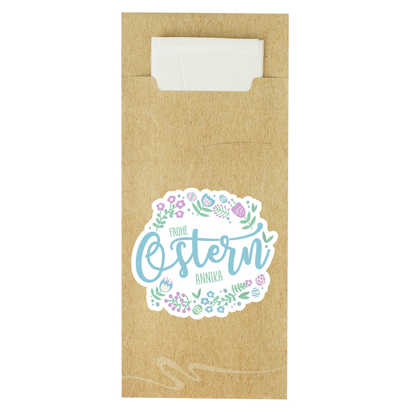 Bestecktasche zu Ostern aus naturbraunem Papier mit Frohe Ostern Motiv und Name Annika