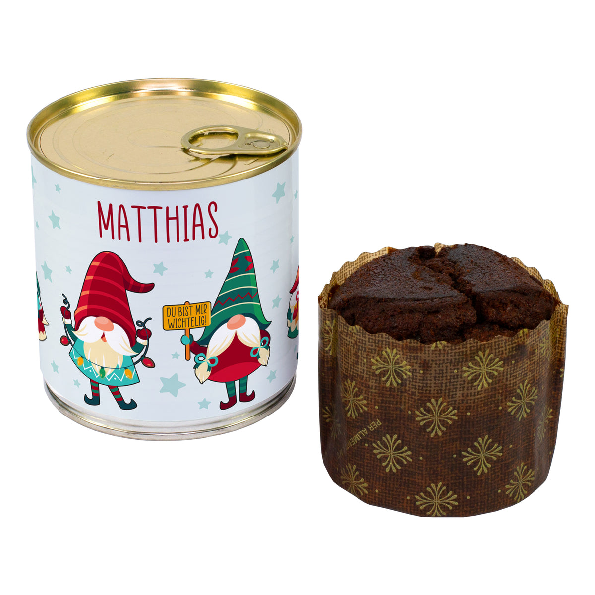 Personalisierter Dosenkuchen „Du bist mir wichtelig“ mit Wunschnamen und Weihnachtswichteln neben ausgepacktem Schokoladen-Brownie