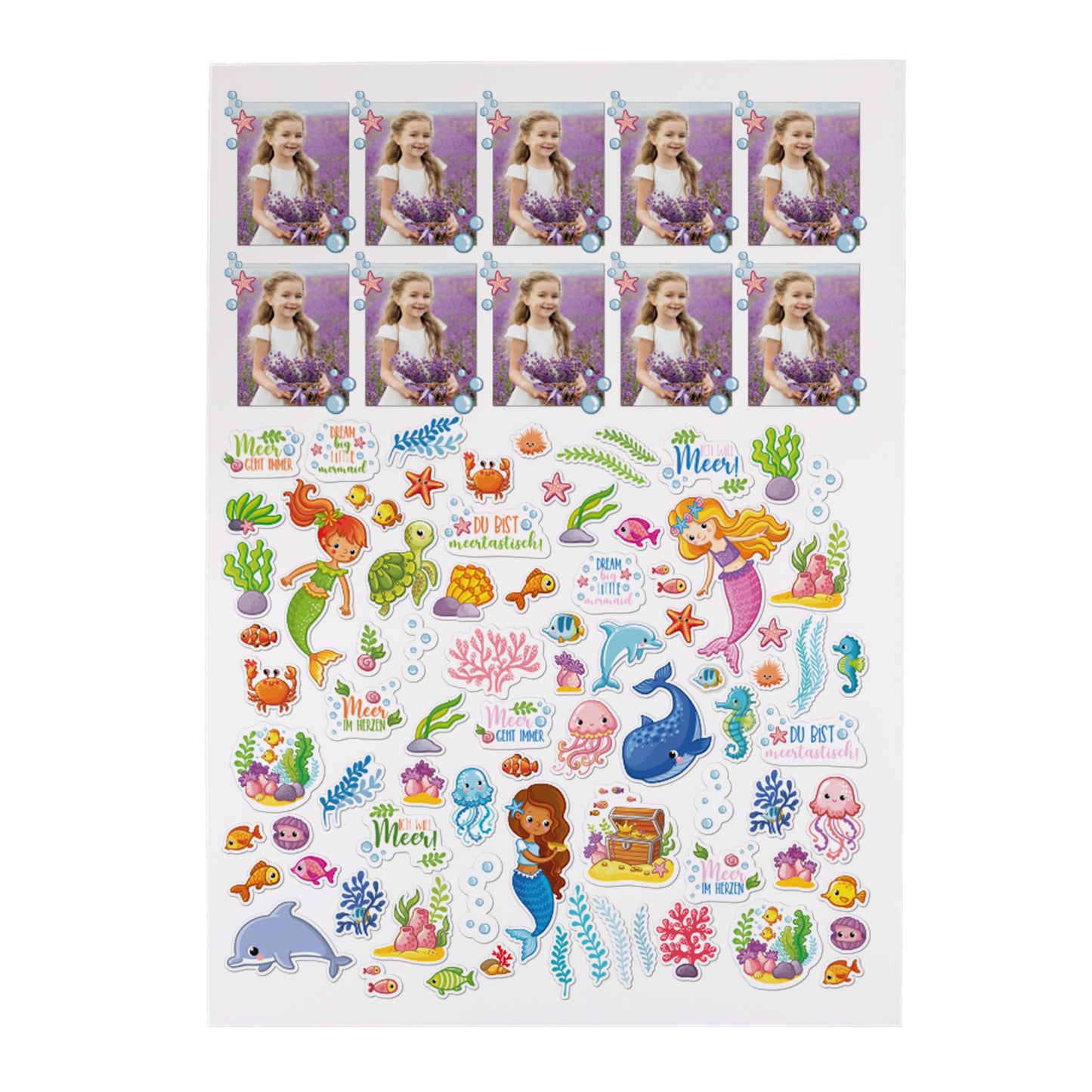 Stickerbogen mit Meerjungfrauen, Meerestieren und Fotoaufklebern, weißer Hintergrund