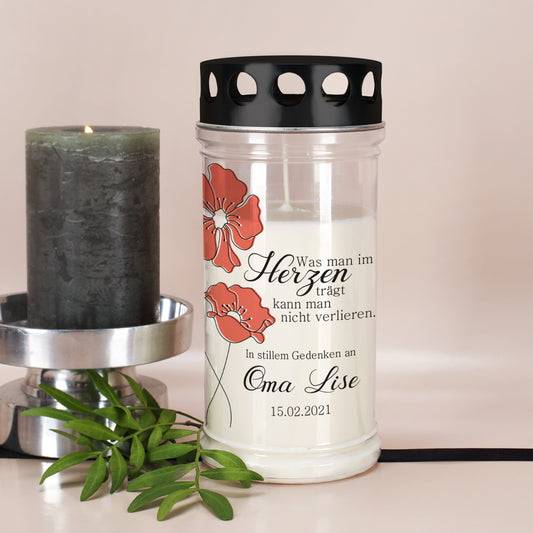 Grablicht in zwei Größen mit Mohnblumen, Name und Datum