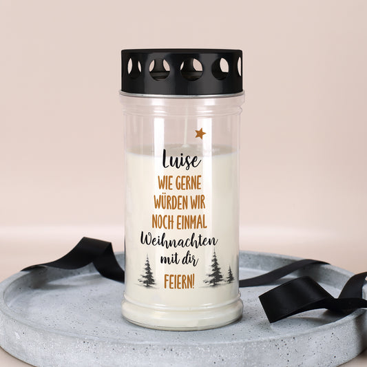 Kleines Weihnachts-Grablicht „Luise“ mit weihnachtlichem Tannenmotiv auf grauem Dekotablett