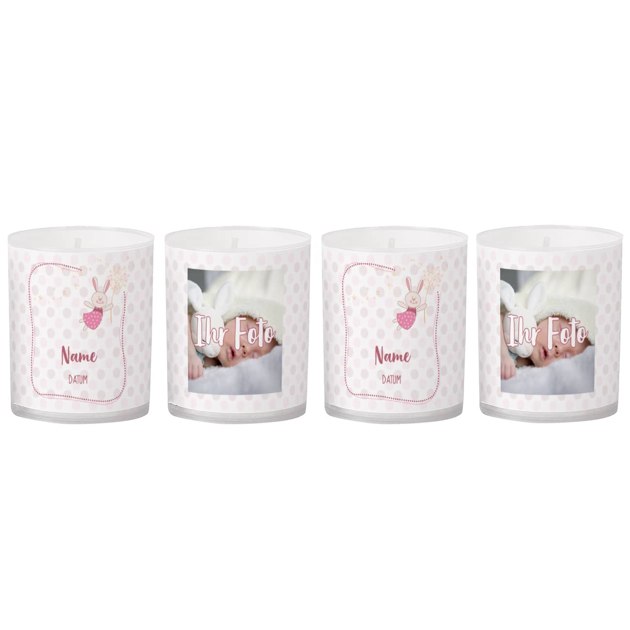 4 Kleine Kerzen mit Foto, Name und Datum bedruckt