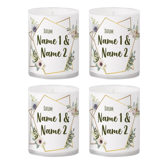4 kleine Kerzen zur Hochzeit mit Blüten, Namen und Datum