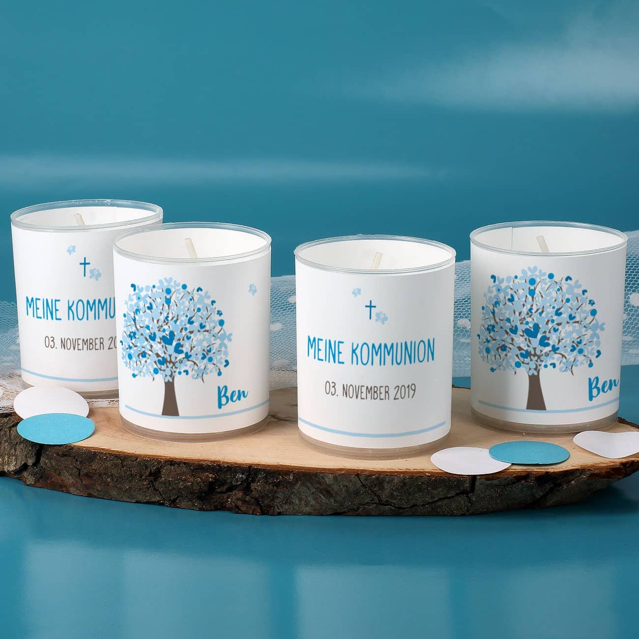 Teelichter im 4er-Set mit Lebensbaum in blau –