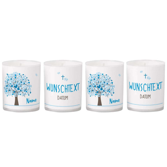 Vier kleine Kerzenbecher mit Name, Datum und Wunschtext
