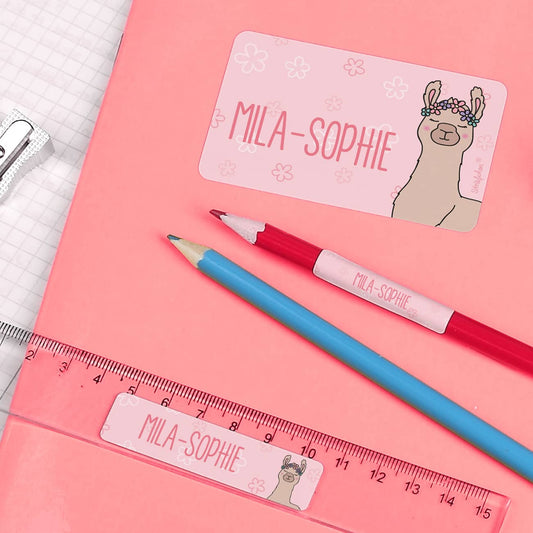 100 Schulaufkleber mit Lama und Name