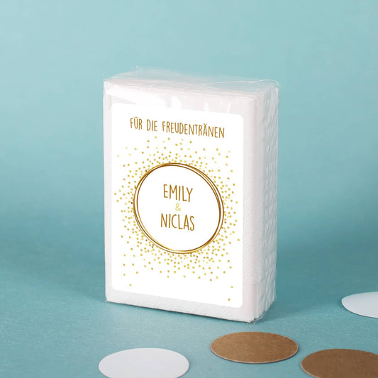 Freudentränen-Taschentücher zur Hochzeit mit Punkten in Goldoptik und Namen