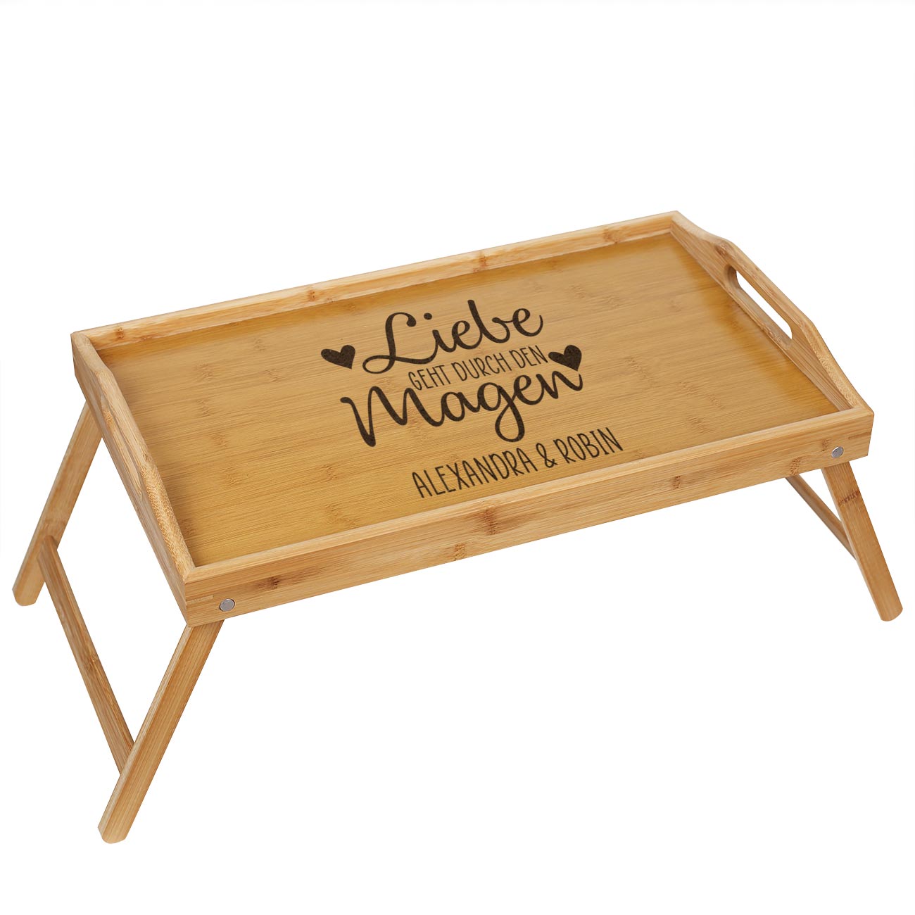 Liebe geht durch den Magen - Bambustisch mit Namensgravur