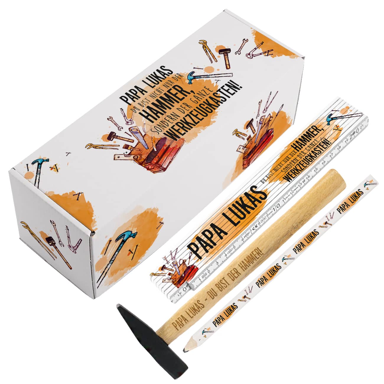 Personalisiertes Set bestehend aus Box, Zollstock, Hammer und Bleistift