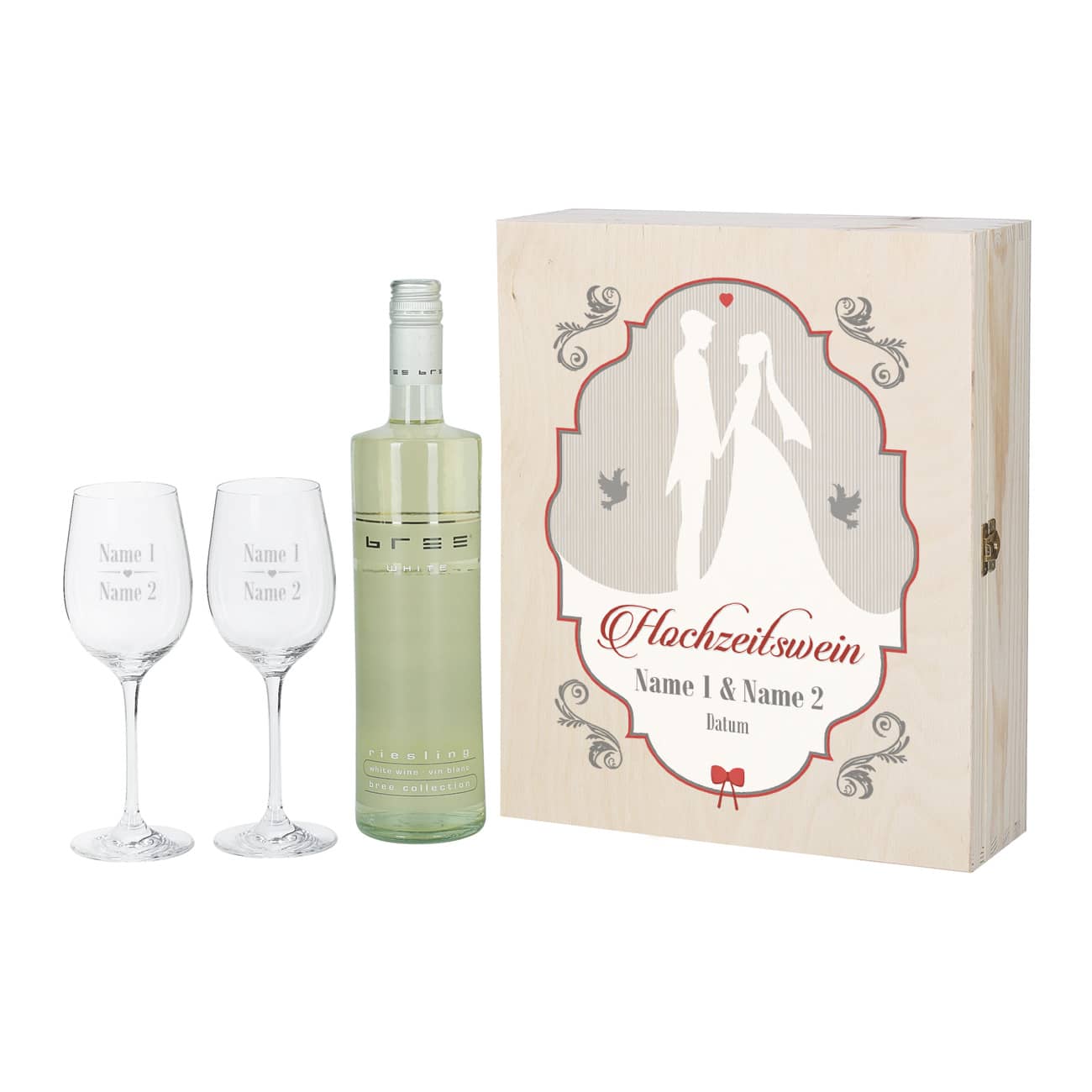 Hochzeitswein mit 2 gravierten Gläsern in edler Holzbox