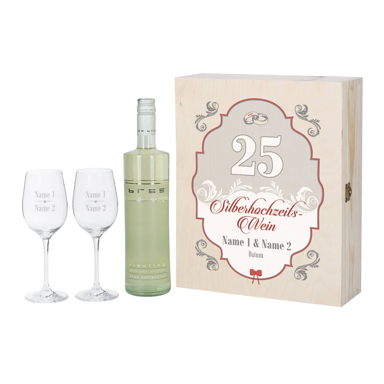 Silberhochzeitswein mit zwei gravierten Gläsern in bedruckter Holzbox