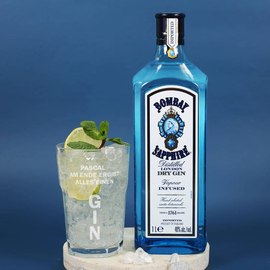 Bombay Sapphire London Dry Gin mit graviertem Glas und Holzkiste