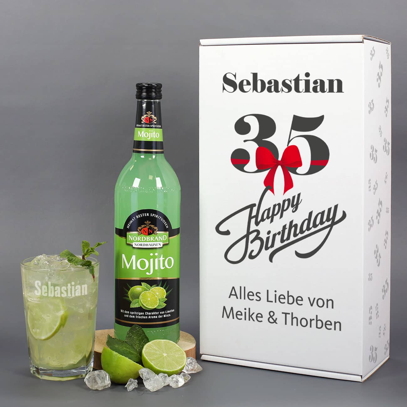 Mojito Geschenkset zum Geburtstag mit graviertem Longdrinkglas, 0,7 l Flasche & Geschenkverpackung personalisiert mit Name, Alter & persönlicher Text –