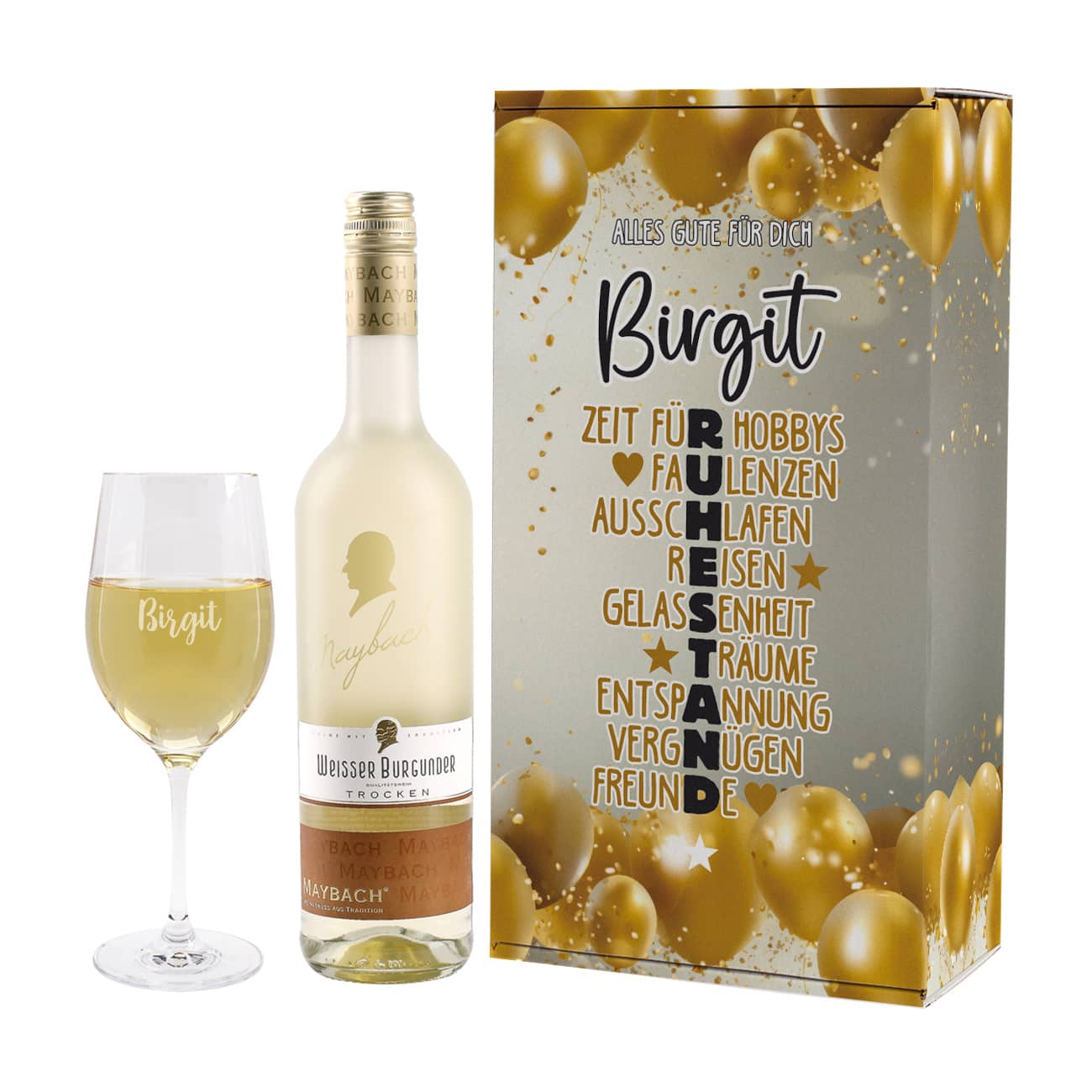 Weinset zum Ruhestand mit Maybachwein und graviertem Glas