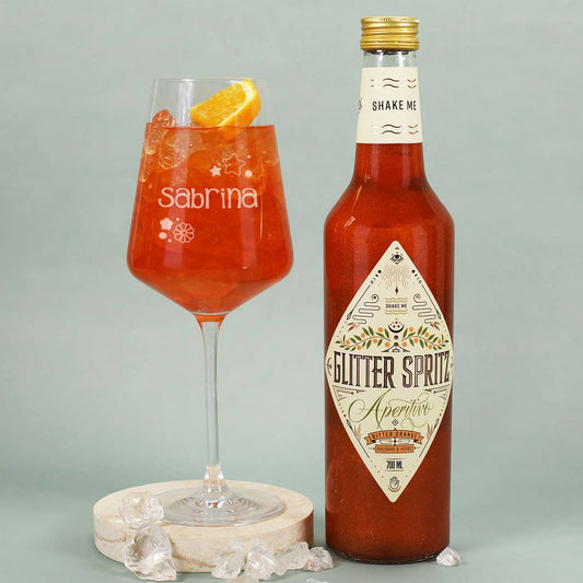 70er Jahre Flower Power - Glitter Spritz Geschenkset mit Name, Anlass und Wunschtext personalisiert