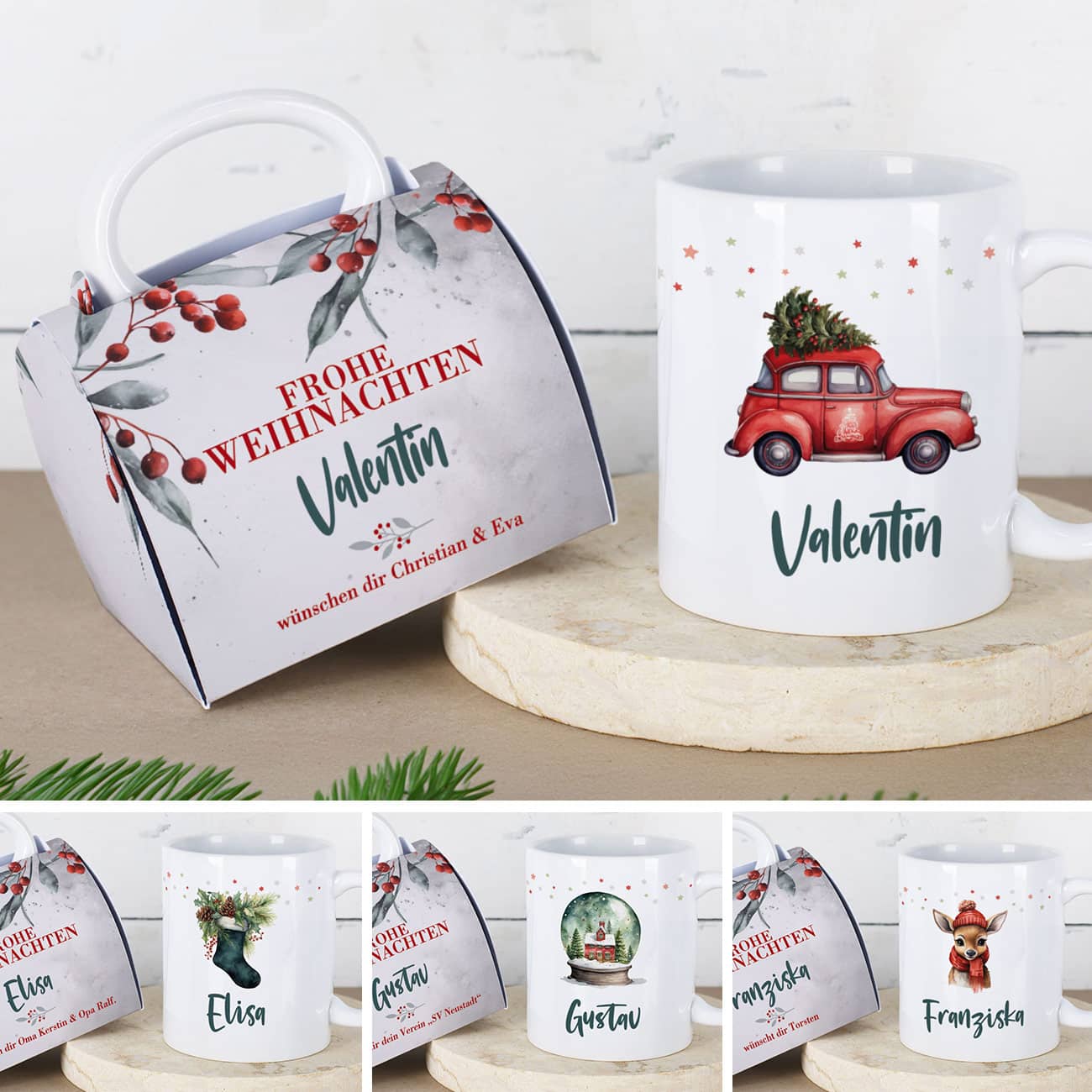 Personalisierte Weihnachtstasse – Festliches Motiv, mit Name und Geschenkbox –