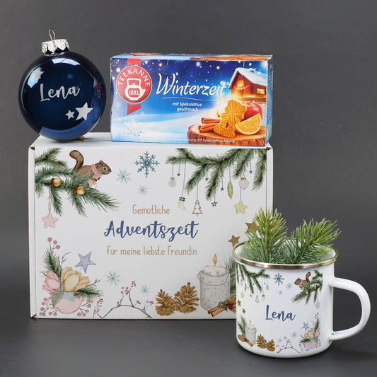 Cosy Christmas Set mit Emailletasse mit Name und Winterzeit Tee