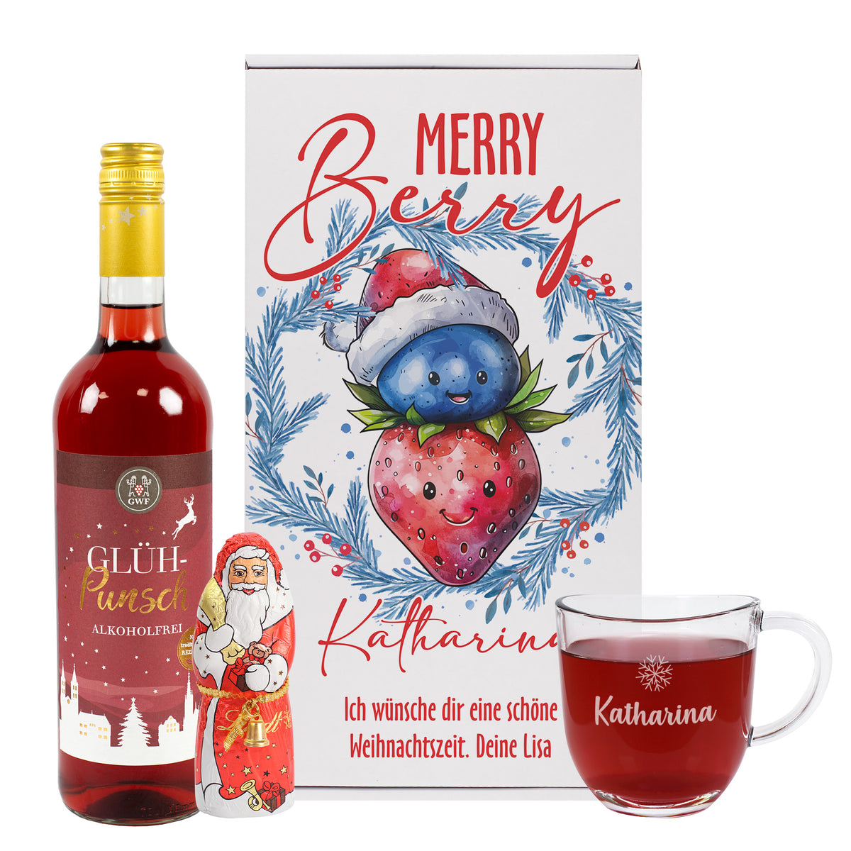 Merry Berry Geschenkset zu Weihnachten mit personalisierter Geschenkbox Katharina, alkoholfreiem Glühpunsch, Schoko-Weihnachtsmann und Glastasse
