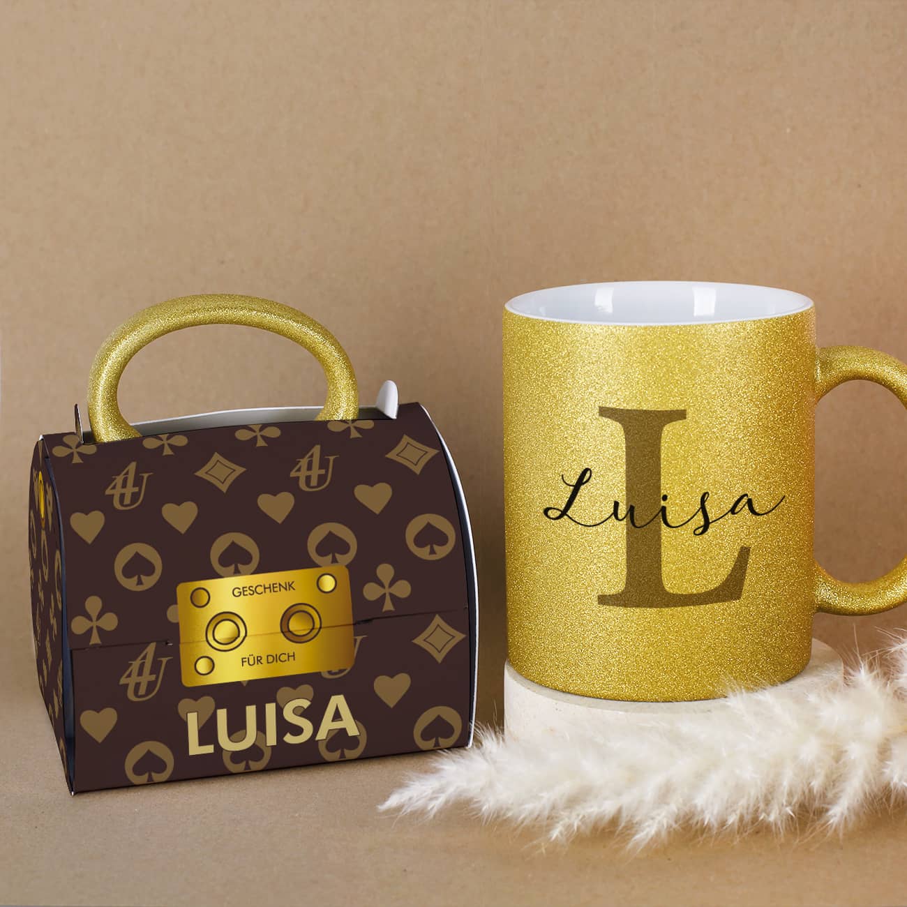 Goldene Tasse mit Namen & Designer-Tassentasche – Einzigartiges Geschenk –