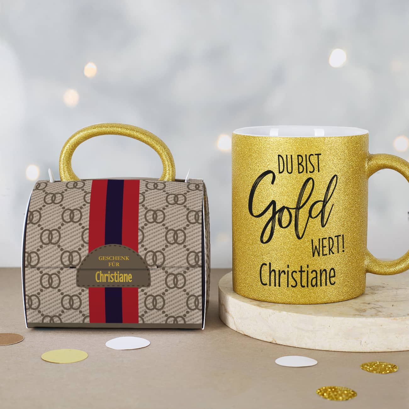 Tassentasche im Designer-Look mit individuellem Text –