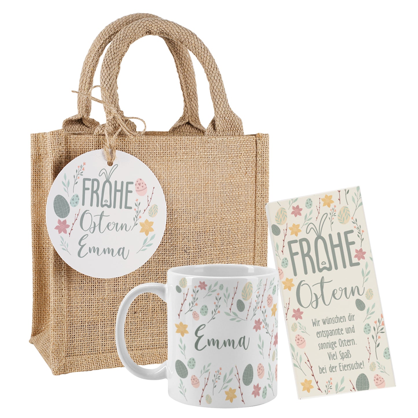 Geschenkset zu Ostern mit personalisierter Tasse, Schokolade & Jute-Geschenktüte im Oster-Design
