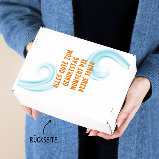 Rückseite der Geschenkverpackung mit frei wählbarem Wunschtext
