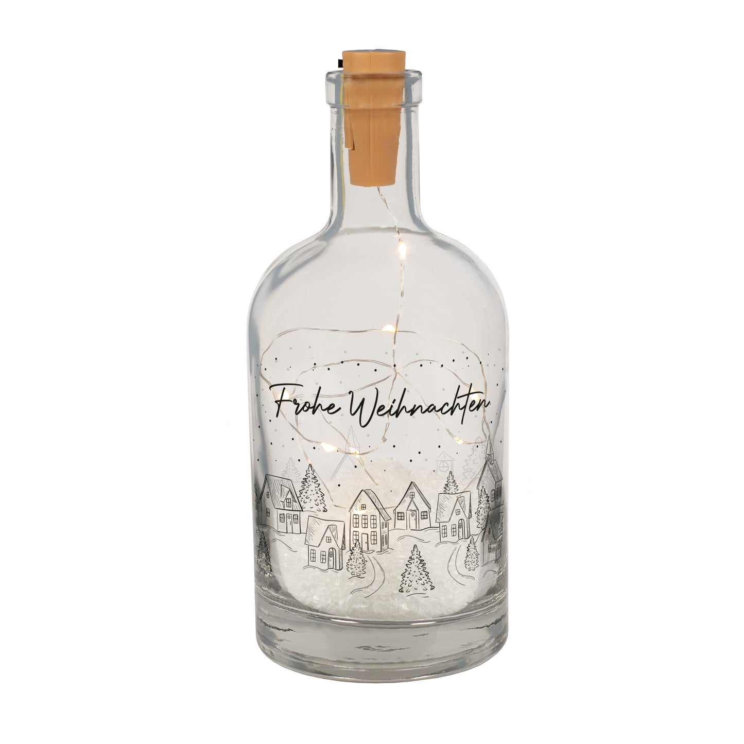 Glaskaraffe mit verschneiter Winterlandschaft, Wunschtext und warmweißer LED-Beleuchtung als stimmungsvolle Weihnachtsdekoration.