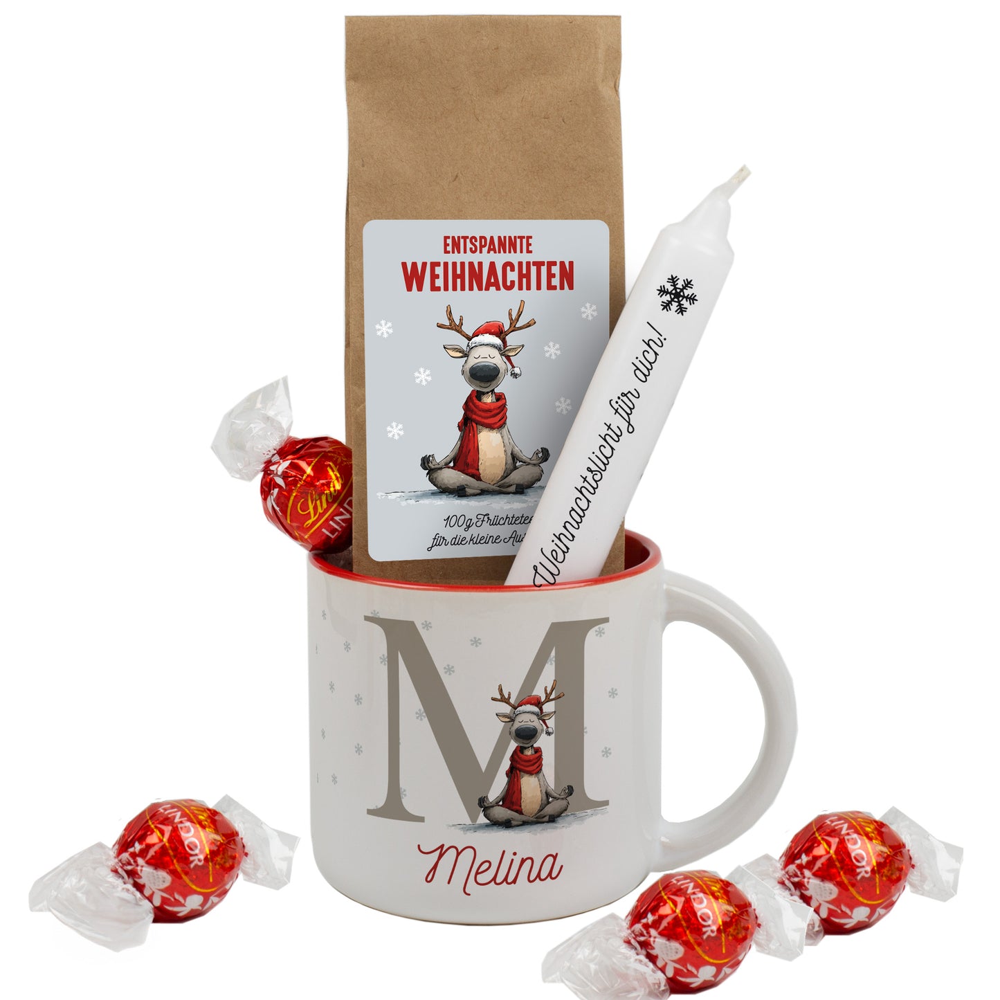 Personalisiertes Weihnachtsset mit roter Yogarentier-Tasse, Früchtetee „Entspannte Weihnachten“, Kerze und Lindorkugeln.