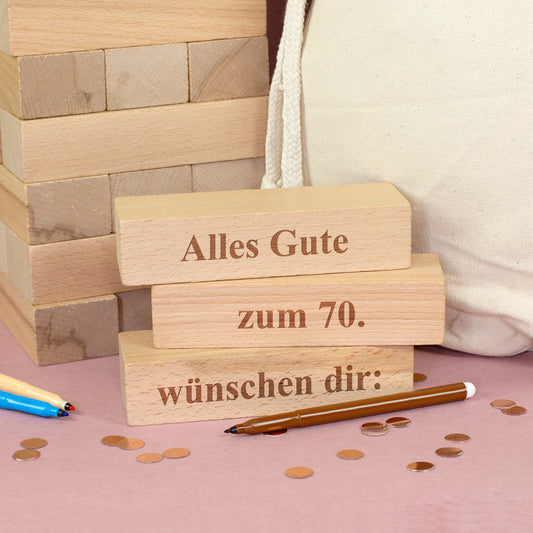 Drei gravierte Holzsteine für XXL Jenga Geburtstagsgästebuch mit Wunschtext Alles Gute, zum 70. und wünschen dir