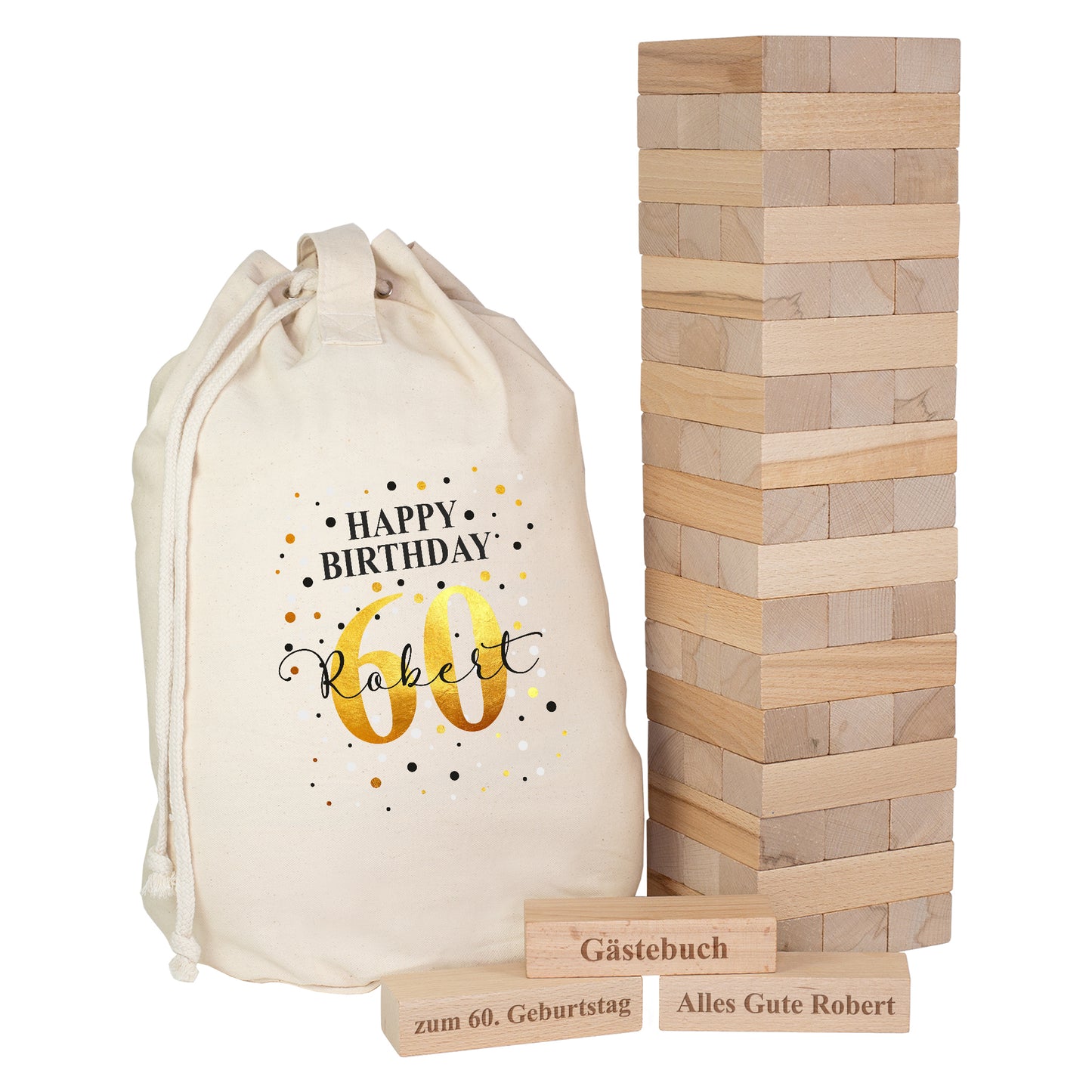 XXL Jenga Geburtstagsgästebuch mit personalisiertem Geschenkesack Happy Birthday Robert 60 und drei gravierten Holzsteinen freigestellt