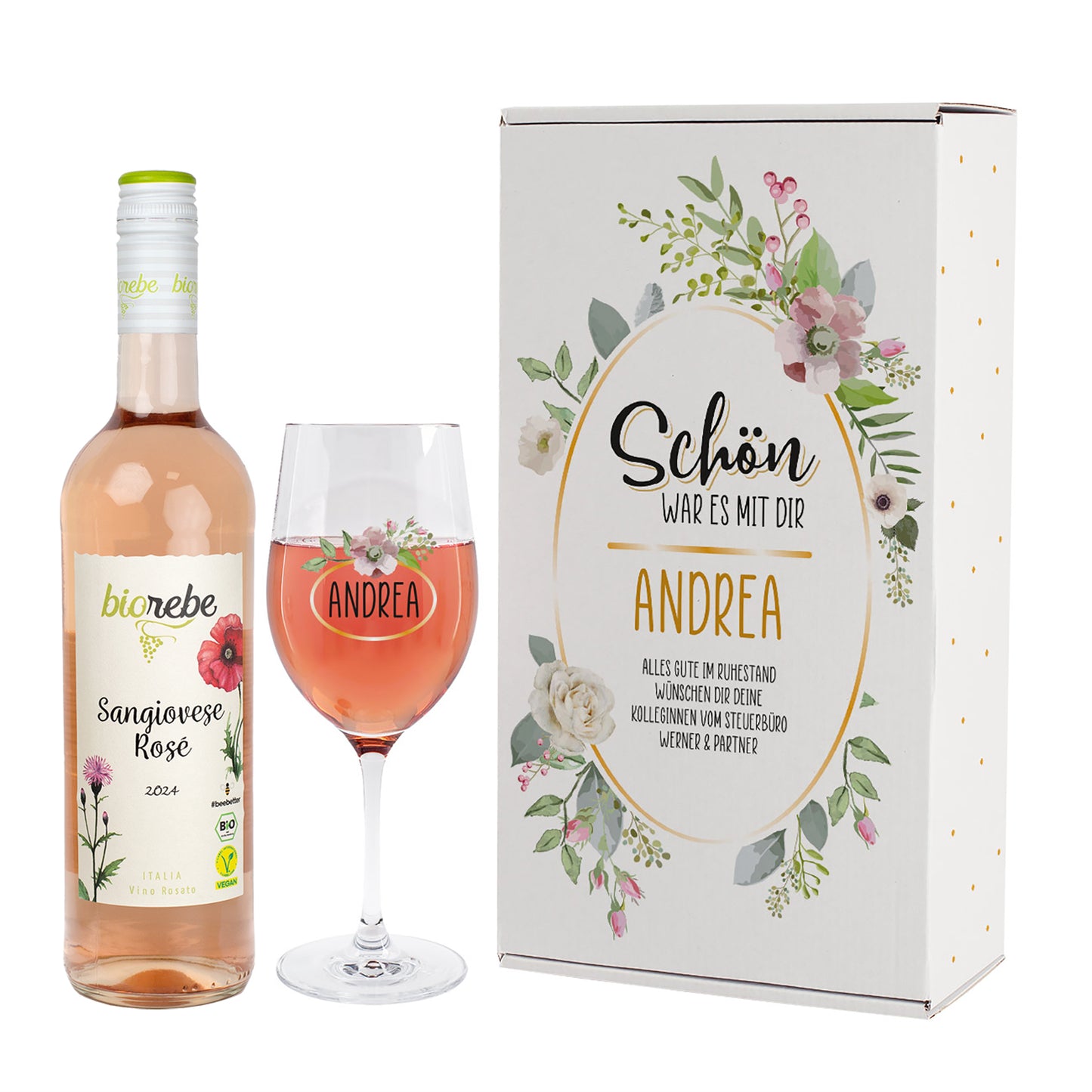 Schön, war es mit dir - Weingeschenkset zum Abschied mit Biorebe Wein, Glas und Geschenkbox