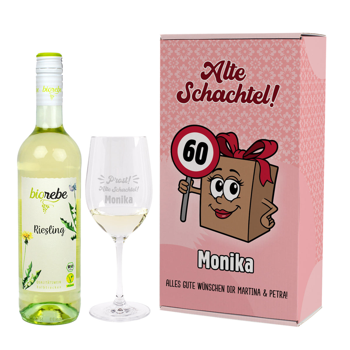 Personalisiertes Bio Wein Geschenkset mit Riesling Weißwein, graviertem Leonardo Weinglas und Geschenkbox
