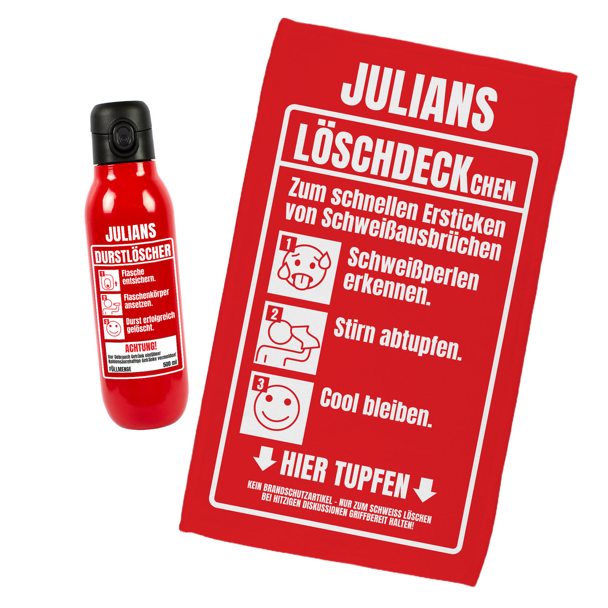 Feuerwehr Geschenkset mit personalisierter Trinkflasche „Julians Durstlöscher“ und bedrucktem Löschdeckchen-Handtuch in Rot und Weiß