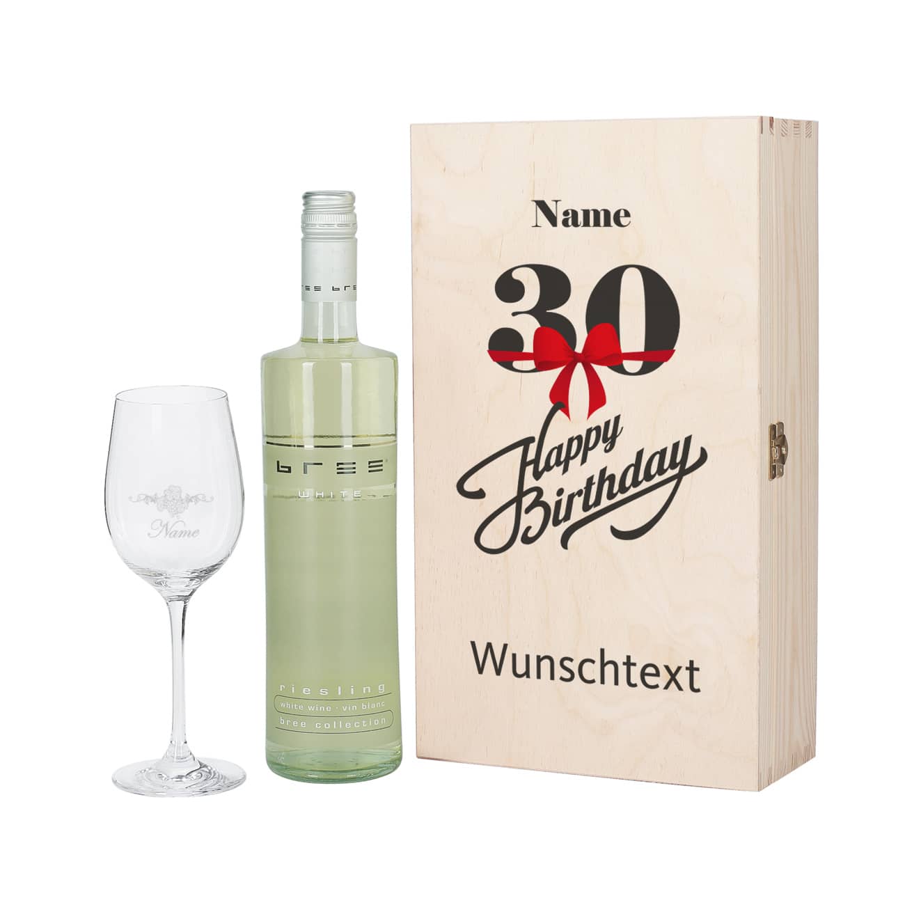 Wein - Geschenkset zum 30. Geburtstag aus Glas und Flasche in persönlicher Holzbox